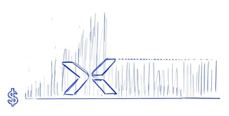 A blue and white sketch of the Elexity logo overlaid on a graph 